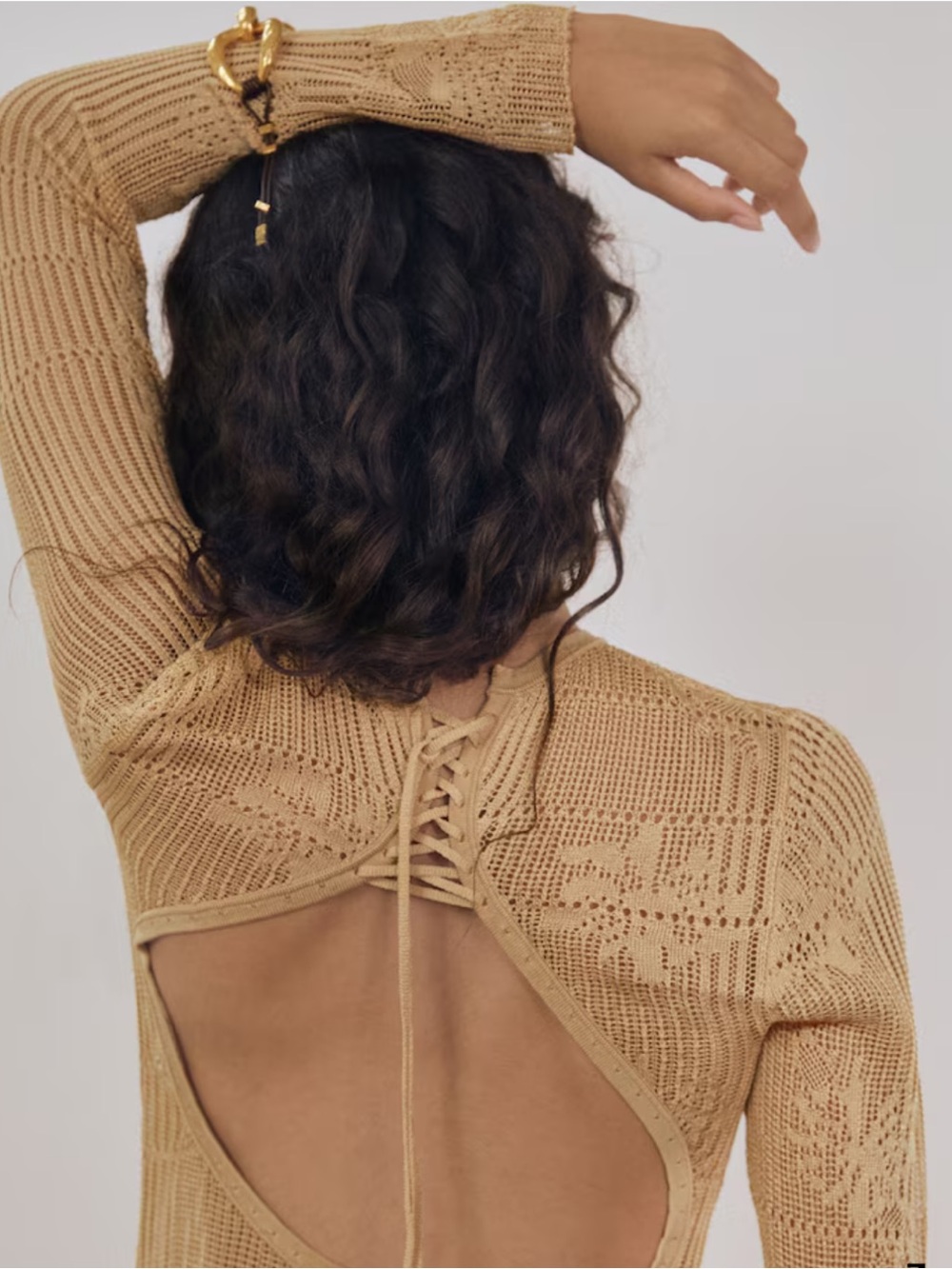 Reiss Atelier Lucia Lace Knit Rouched Long-Sleeve Maxi Dress in Gold NWOT - Picture 5 of 12
